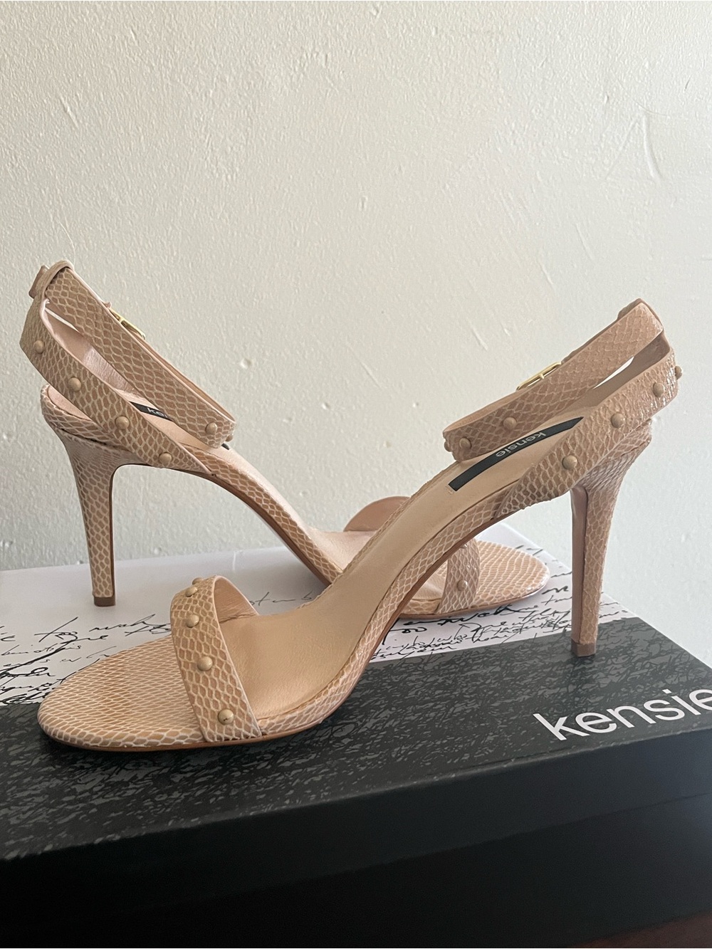 Kensie Blush Snake-Embossed Stiletto Ankle-Strap Sandals